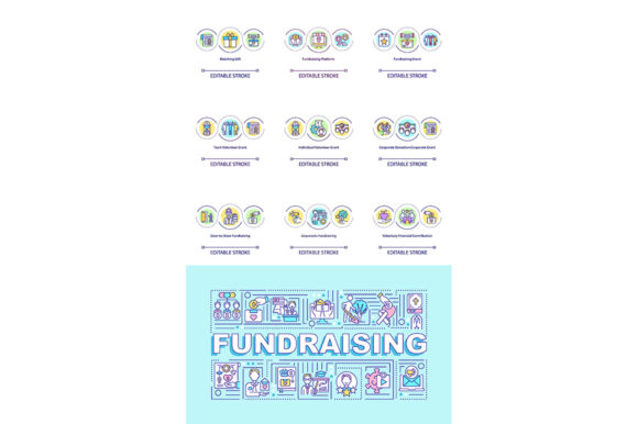 Fundraising Concept Icons Set with Text: Enhancing Visual Communication in Fundraising Campaigns